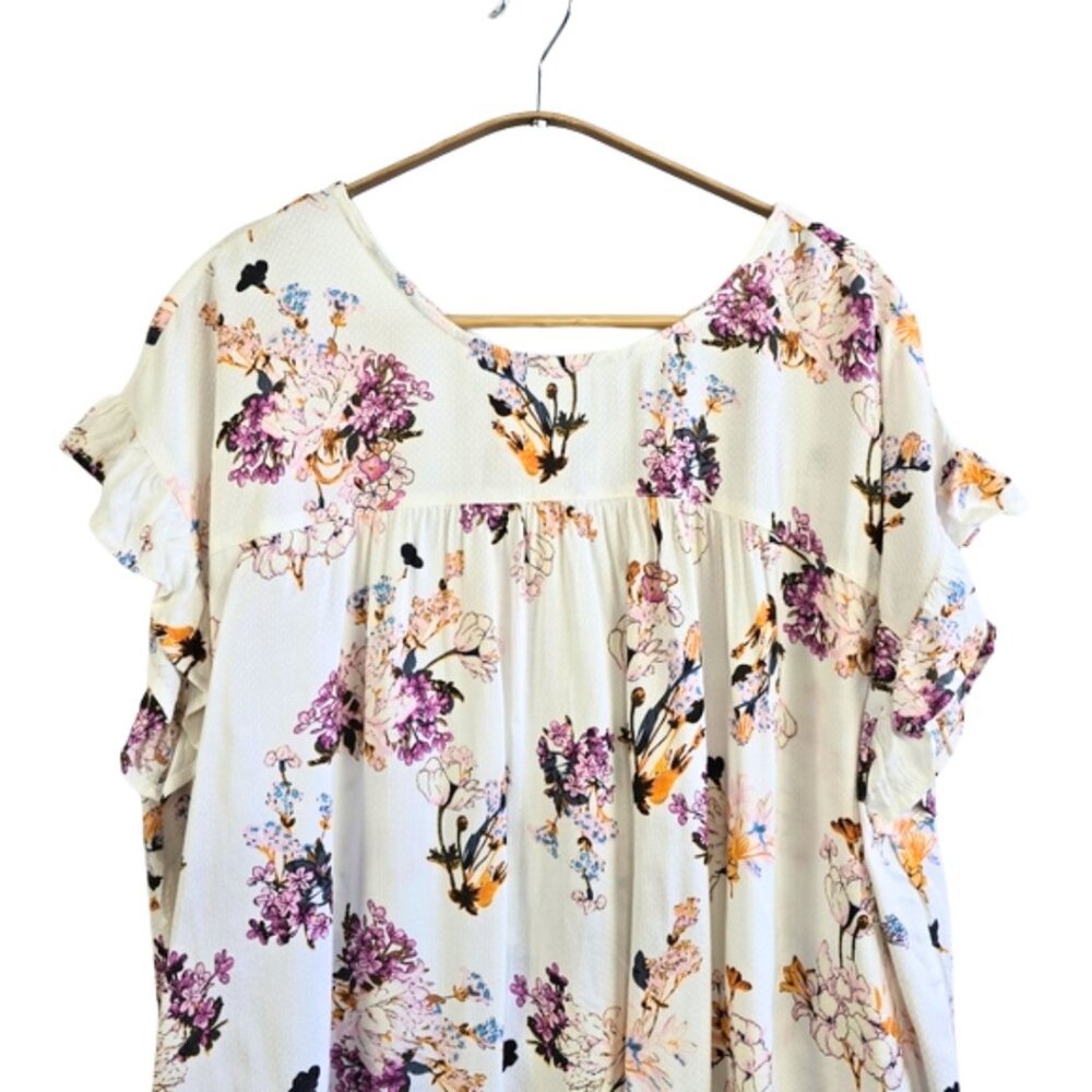 Kori America Blouse Small White Floral Drop Shoulder Short Sleeve Tie Back NWT